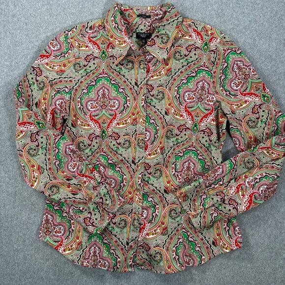 Talbots Colorful Paisley Button Down Shirt Women's 14 Petite Stretch Green Pink - Picture 1 of 9